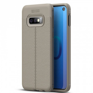 Samsung Galaxy S10e SM-G970, TPU szilikon tok, bőrhatású, varrásminta, szürke