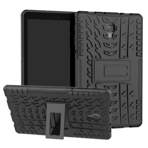 Samsung Galaxy Tab A 10.5 (2018) SM-T590 / T595, Műanyag hátlap védőtok, Defender, kitámasztóval és szilikon belsővel, autógumi minta, fekete