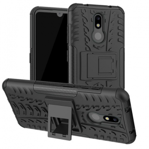 Nokia 3.2, Műanyag hátlap védőtok, Defender, kitámasztóval és szilikon belsővel, autógumi minta, fekete