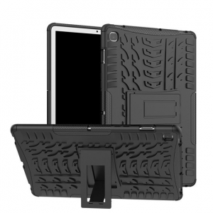 Samsung Galaxy Tab S5e 10.5 SM-T720 / T725, Műanyag hátlap védőtok, Defender, kitámasztóval és szilikon belsővel, autógumi minta, fekete