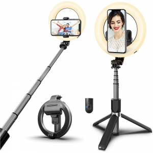 Prémium selfie bot, 19 – 90 cm, 360°-ban forgatható, exponáló gombbal, v4.0, bluetooth-os, tripod állvány funkció, világítással, fekete