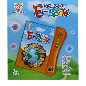 Angolul oktató könyv, "e-book", 8 érintős oldallal, sok funkcióval, érdekességekkel a lapok hátulján, elemes(3xAA), 23×26 cm dobozban