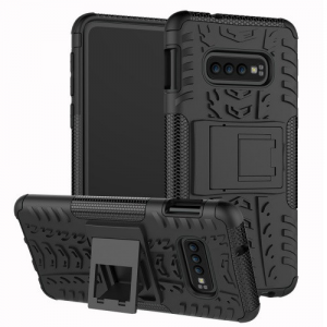 Samsung Galaxy S10e SM-G970, Műanyag hátlap védőtok, Defender, kitámasztóval és szilikon belsővel, autógumi minta, fekete