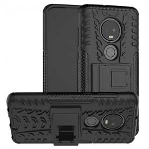 Motorola Moto G7, Műanyag hátlap védőtok, Defender, kitámasztóval és szilikon belsővel, autógumi minta, fekete