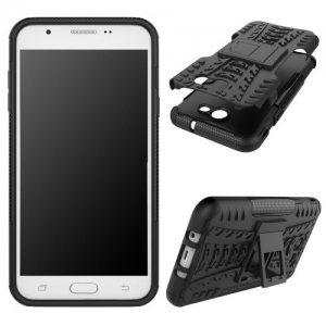 Samsung Galaxy J7 (2017) SM-J730F, Műanyag hátlap védőtok, Defender, kitámasztóval és szilikon belsővel, autógumi minta, fekete