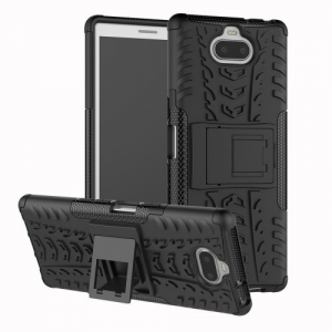 Sony Xperia 10, Műanyag hátlap védőtok, Defender, kitámasztóval és szilikon belsővel, autógumi minta, fekete