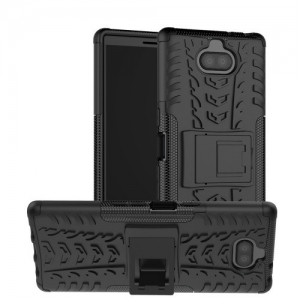 Sony Xperia 10 Plus, Műanyag hátlap védőtok, Defender, kitámasztóval és szilikon belsővel, autógumi minta, fekete