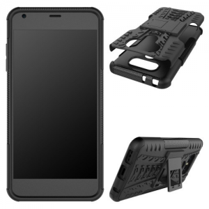 LG G6, Műanyag hátlap védőtok, Defender, kitámasztóval és szilikon belsővel, autógumi minta, fekete