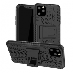 Apple iPhone 11 Pro Max, Műanyag hátlap védőtok, Defender, kitámasztóval és szilikon belsővel, autógumi minta, fekete