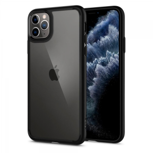 Apple iPhone 11 Pro Max, Műanyag hátlap védőtok + szilikon keret, Spigen Ultra Hybrid, átlátszó/fekete