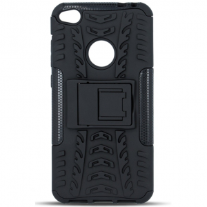Apple iPhone 12 / 12 Pro, Műanyag hátlap védőtok, Defender, kitámasztóval és szilikon belsővel, autógumi minta, fekete