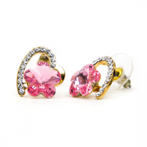 Dina Swarovski kristályos fülbevaló – Rózsaszín virág arany szívben